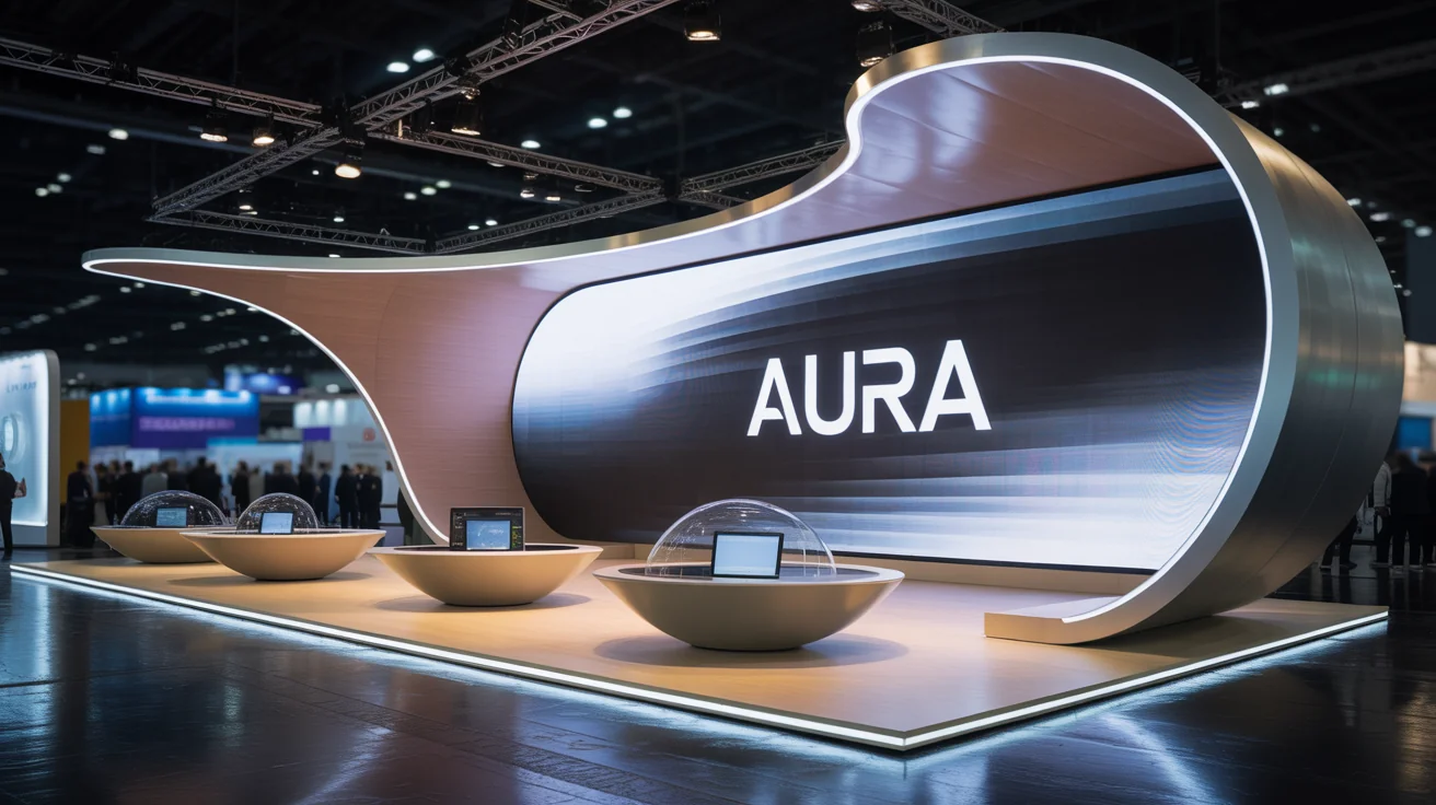 A photorealistic hero image of a stunning, futuristic exhibition stall design for a brand called 'AURA', featuring a large curved LED screen, holographic displays, and dramatic, professional lighting.