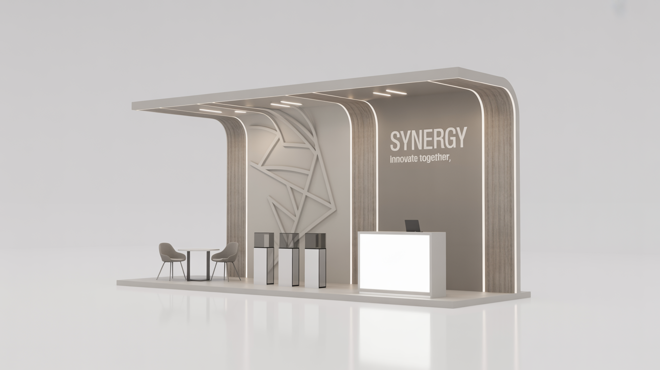 A 3D mockup of a modern, professional exhibition stall for a fictional company 'Synergy', featuring a clean design with wood and white elements, isolated on a white background.