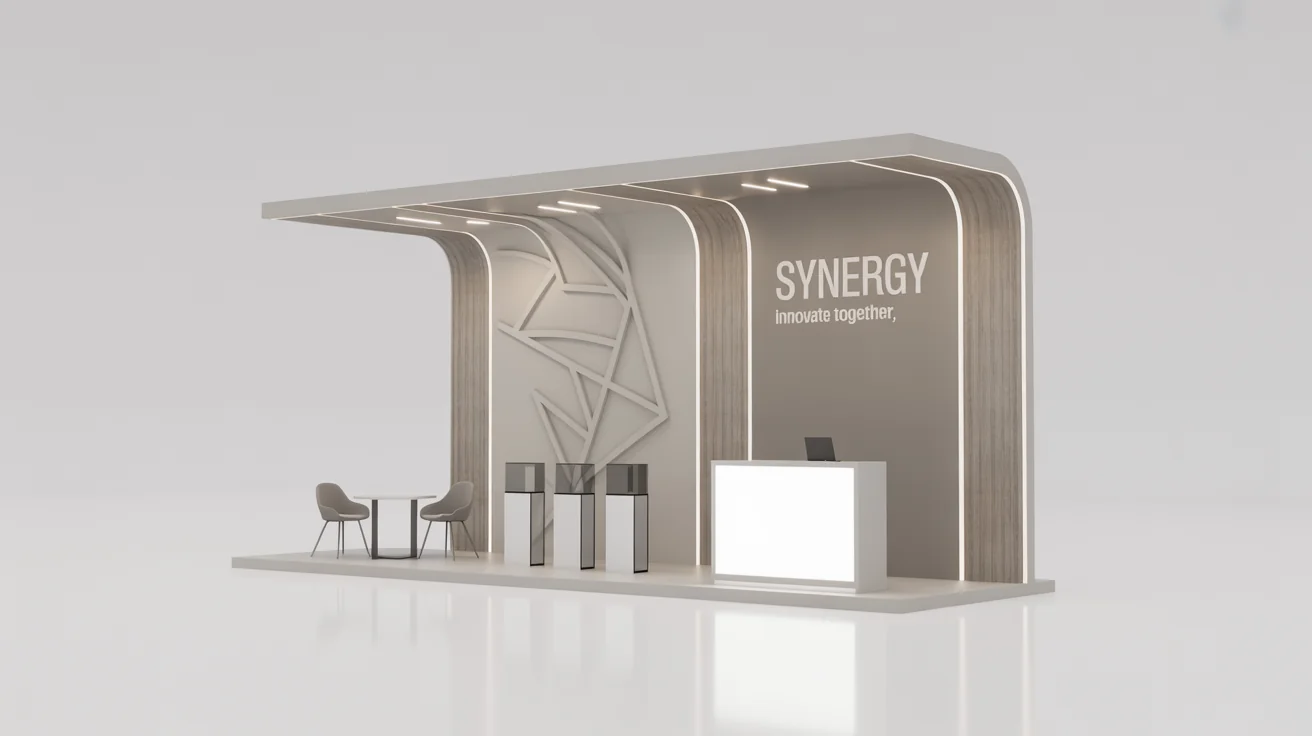A 3D mockup of a modern, professional exhibition stall for a fictional company 'Synergy', featuring a clean design with wood and white elements, isolated on a white background.