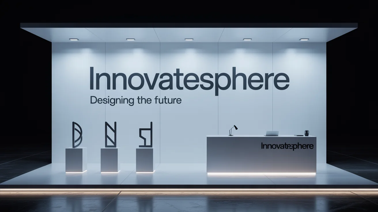 A professional 3D mockup of a modern exhibition stall for 'InnovateSphere', featuring a backlit logo, a white counter, and product displays, set against a plain white background.