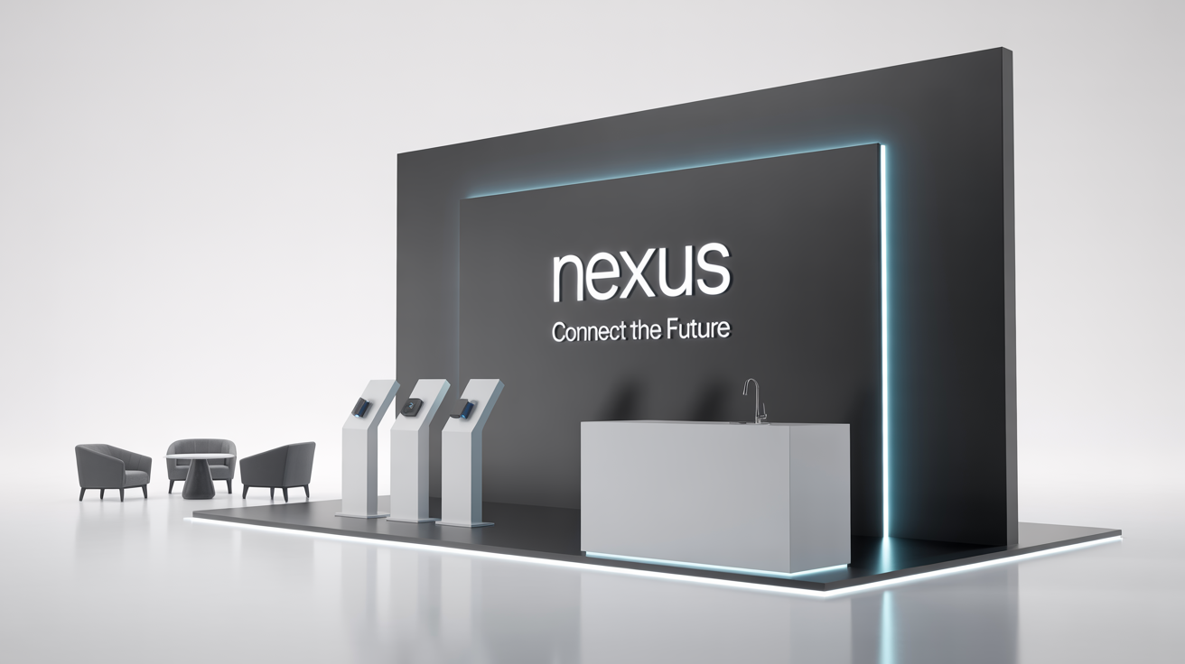A 3D mockup of a modern exhibition stall for a brand called 'NEXUS' on a white background, featuring a black and blue LED back wall, a white reception desk, and a small seating area.