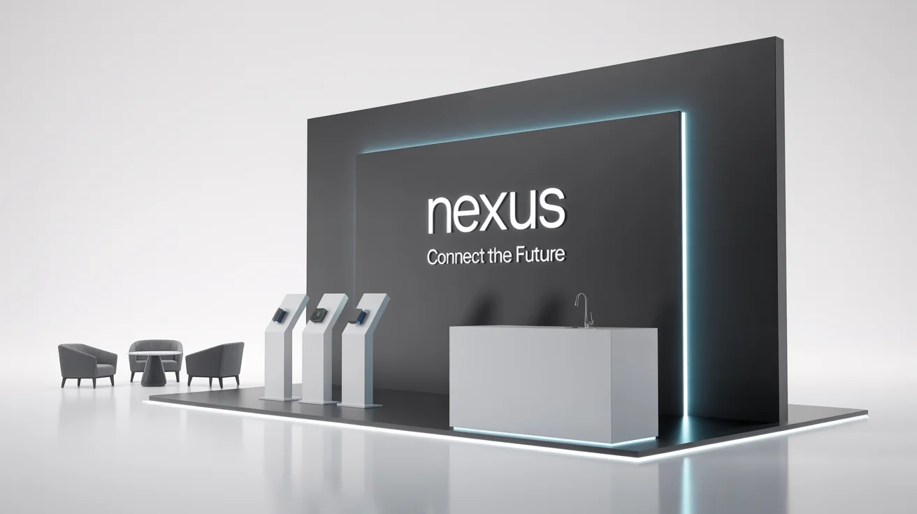 A 3D mockup of a modern exhibition stall for a brand called 'NEXUS' on a white background, featuring a black and blue LED back wall, a white reception desk, and a small seating area.