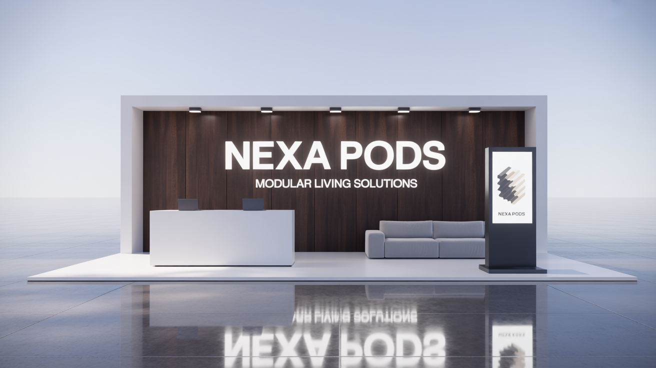 A 3D mockup of a modern exhibition stall for a fictional brand called 'NEXA PODS', featuring a wooden back wall, a white counter, and a seating area, all on a clean white background.