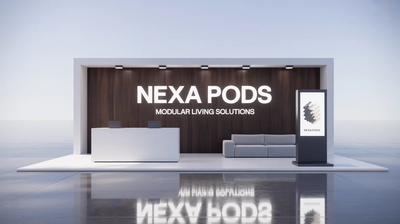 A 3D mockup of a modern exhibition stall for a fictional brand called 'NEXA PODS', featuring a wooden back wall, a white counter, and a seating area, all on a clean white background.