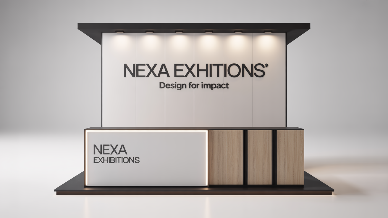 A professional 3D mockup of a modern exhibition stall for 'NEXA Exhibitions', featuring a clean design with white and wood materials, shown against a plain white background.