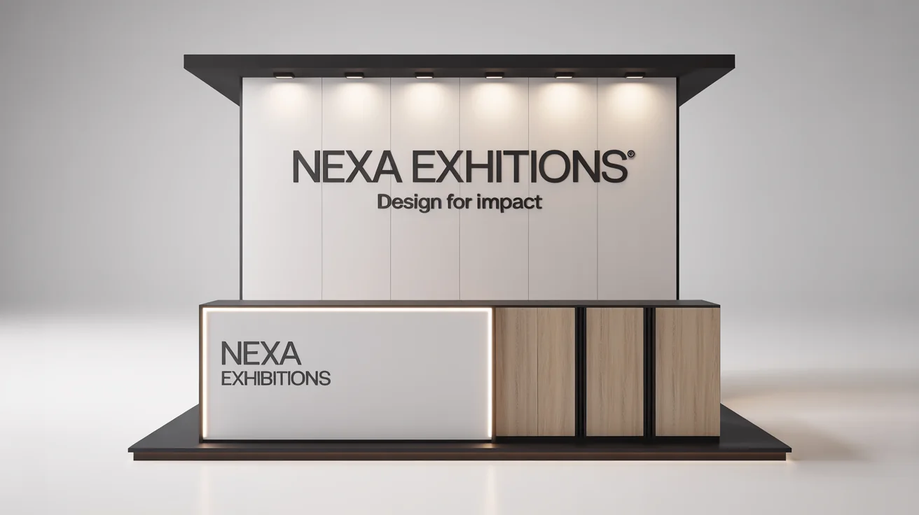 A professional 3D mockup of a modern exhibition stall for 'NEXA Exhibitions', featuring a clean design with white and wood materials, shown against a plain white background.