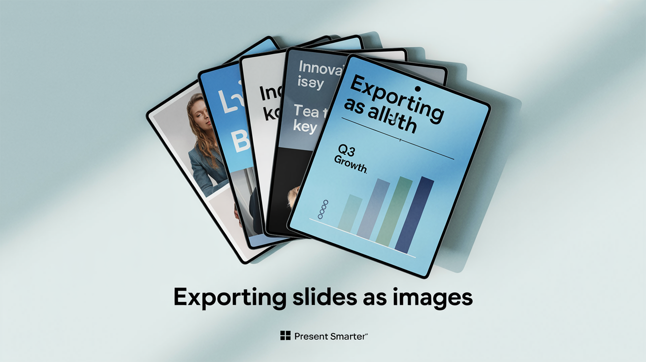 A collection of exported presentation slides displayed as individual image files, fanned out on a white background. The central image slide is titled 'Exporting Slides as Images'.