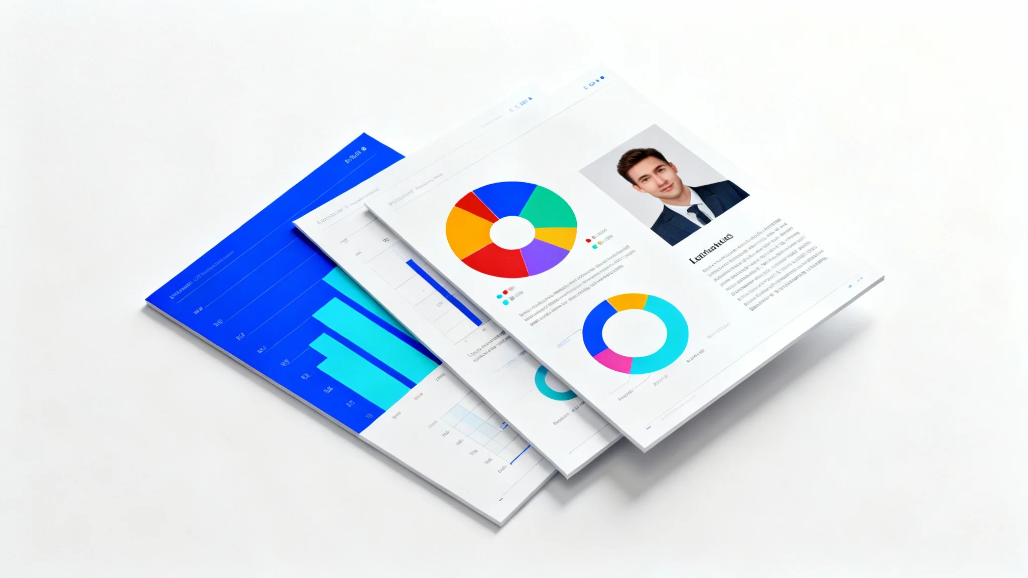 An arrangement of printed presentation slides, now as individual images with charts and graphs, laid out on a clean white surface, illustrating the export slides as images feature.