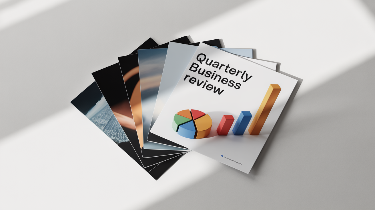 A collection of glossy photos representing exported presentation slides, arranged on a white background. The slides show a title page for a 'Quarterly Business Review', a bar chart, and a pie chart, illustrating the slide export feature.