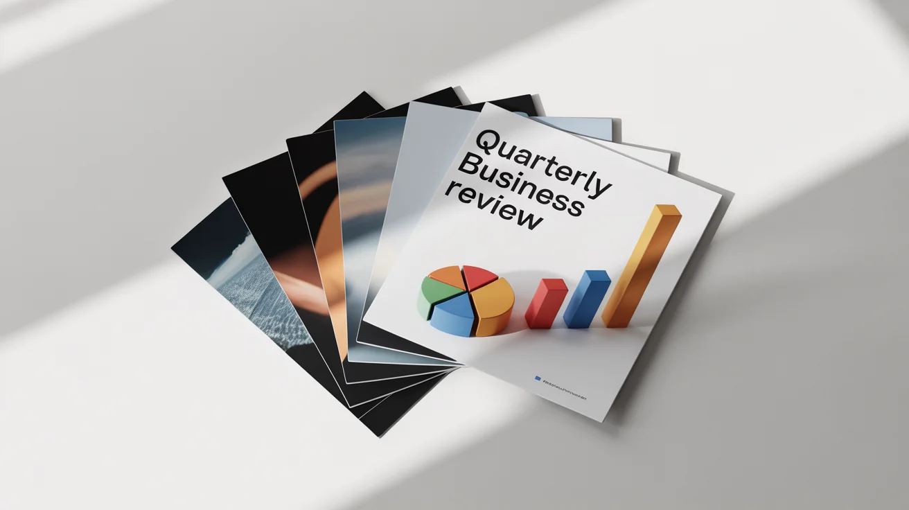 A collection of glossy photos representing exported presentation slides, arranged on a white background. The slides show a title page for a 'Quarterly Business Review', a bar chart, and a pie chart, illustrating the slide export feature.