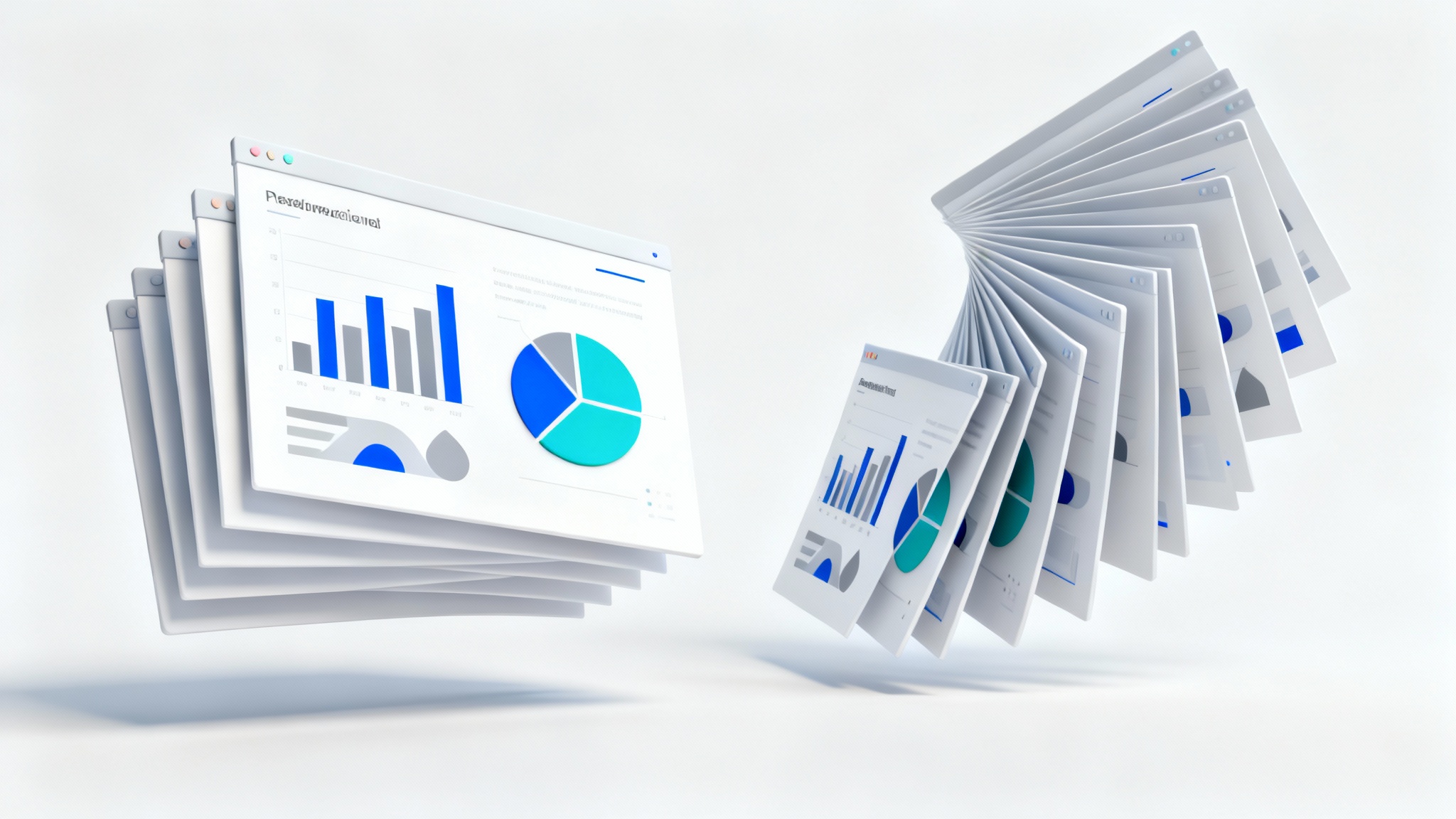 A 3D illustration showing a stack of presentation slides with business charts, with individual image files flowing out of them, symbolizing the process of exporting slides to images.