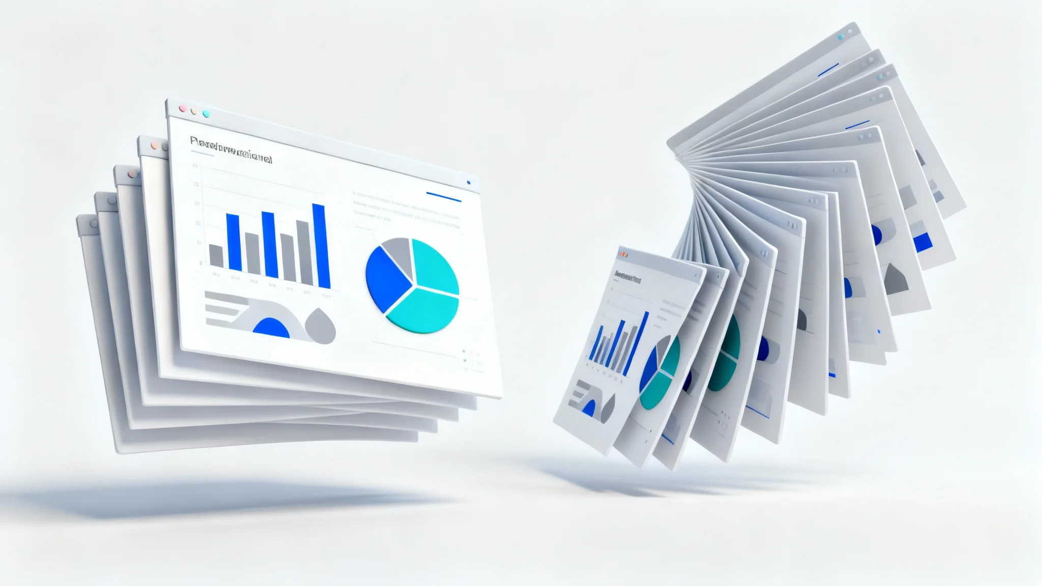 A 3D illustration showing a stack of presentation slides with business charts, with individual image files flowing out of them, symbolizing the process of exporting slides to images.