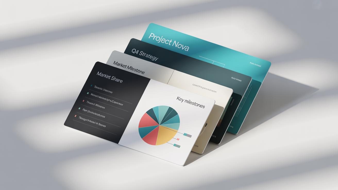 A collection of individual presentation slides, exported as images, fanned out on a white background, showing charts and text about 'Project Nova'.