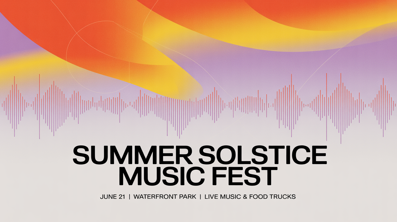 A professionally designed and eye-catching event flyer for a 'Summer Solstice Music Fest', featuring vibrant colors, bold typography, and modern graphic elements on a clean background.