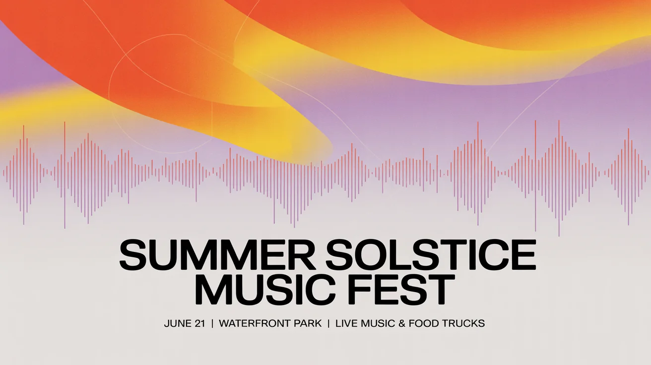 A professionally designed and eye-catching event flyer for a 'Summer Solstice Music Fest', featuring vibrant colors, bold typography, and modern graphic elements on a clean background.