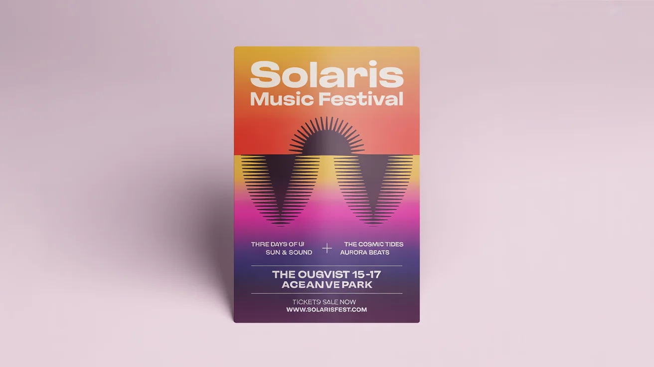 A mockup of a vibrant event flyer for the 'Solaris Music Festival', featuring a modern design with sunset colors and clear text for event details, all set against a plain white background.