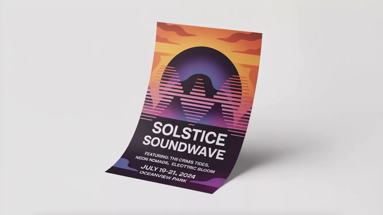 A mockup of a vibrant event flyer for a music festival called 'Solstice Soundwave'. The flyer features abstract designs in orange and purple and lists fictional artists and dates, all set against a plain white background.