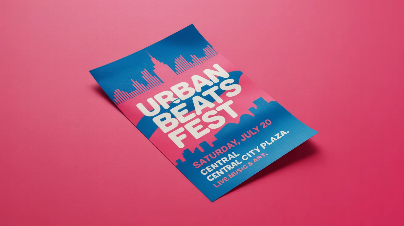 A professionally designed event flyer for the 'Urban Beats Fest' shown as a mockup on a clean white background. The flyer uses vibrant blue and pink colors and modern graphics.