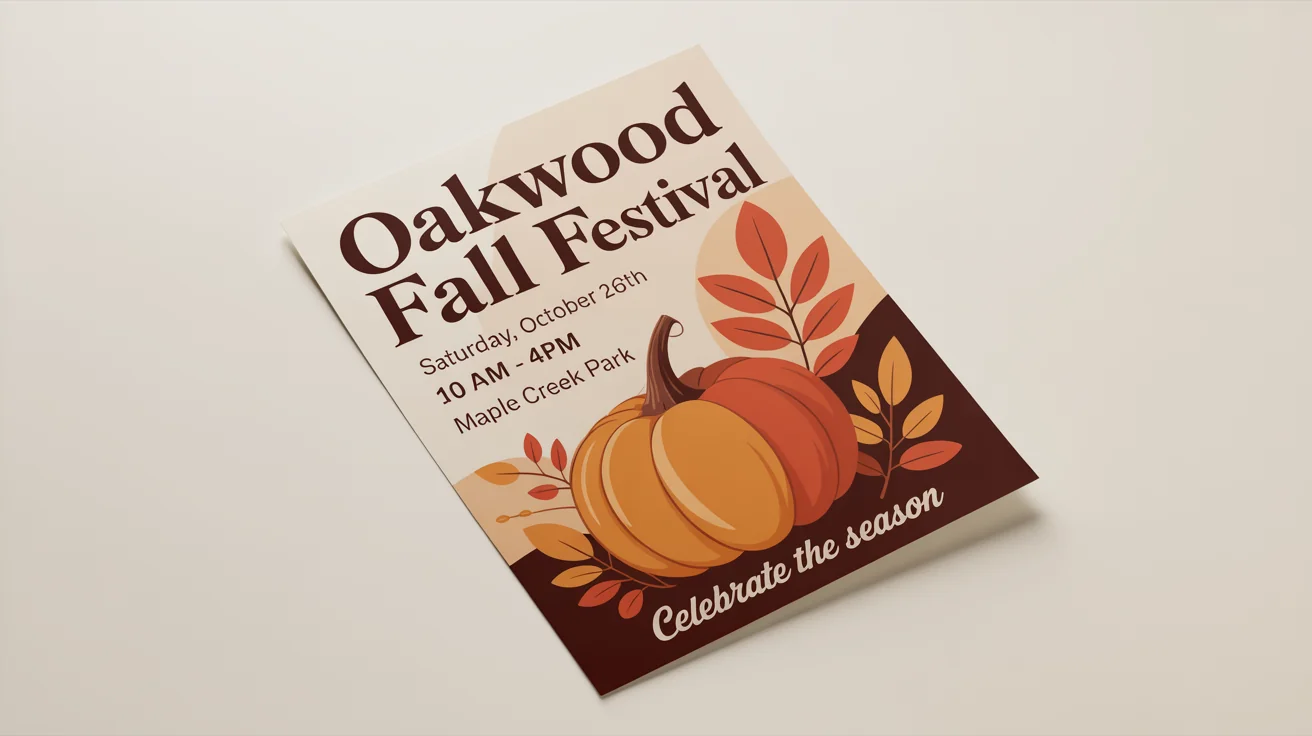 A professionally designed mockup of a flyer for the 'Oakwood Fall Festival' laid flat on a clean white background.