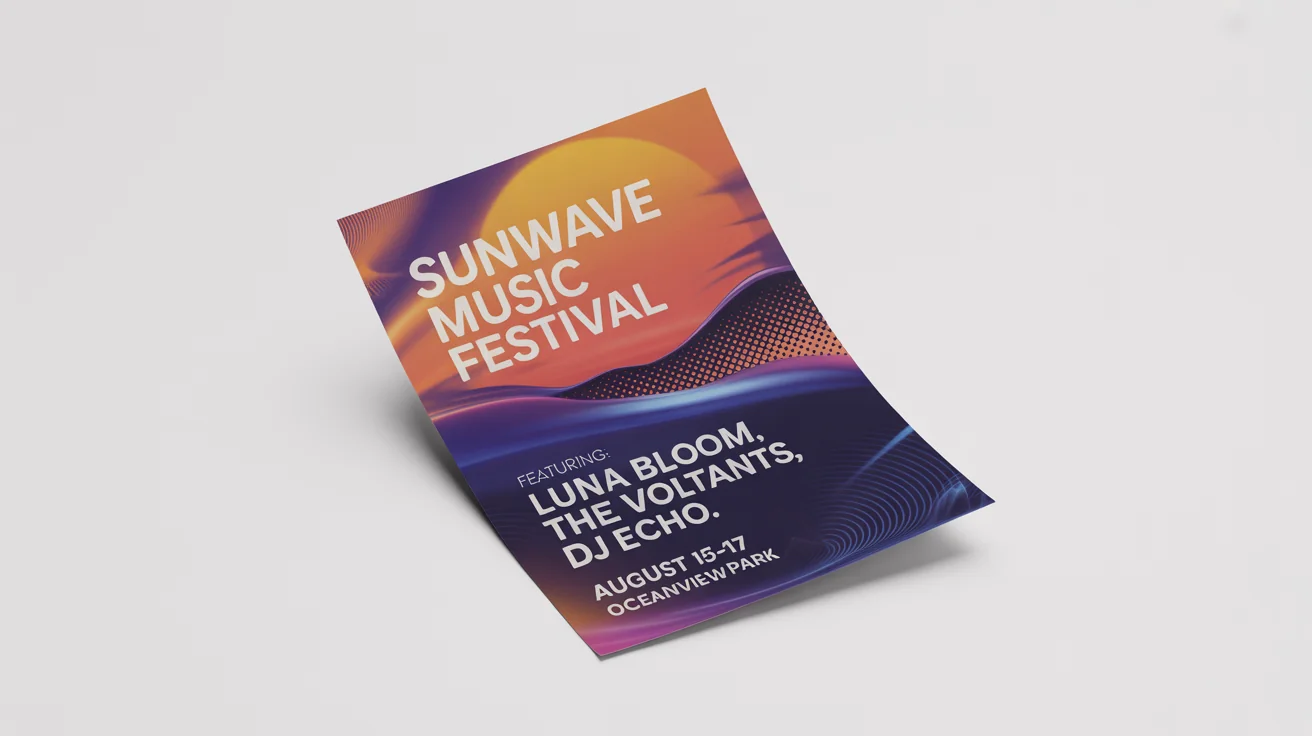 A vibrant event flyer for the 'Sunwave Music Festival', featuring a modern design with sunset colors and bold text against a white background.