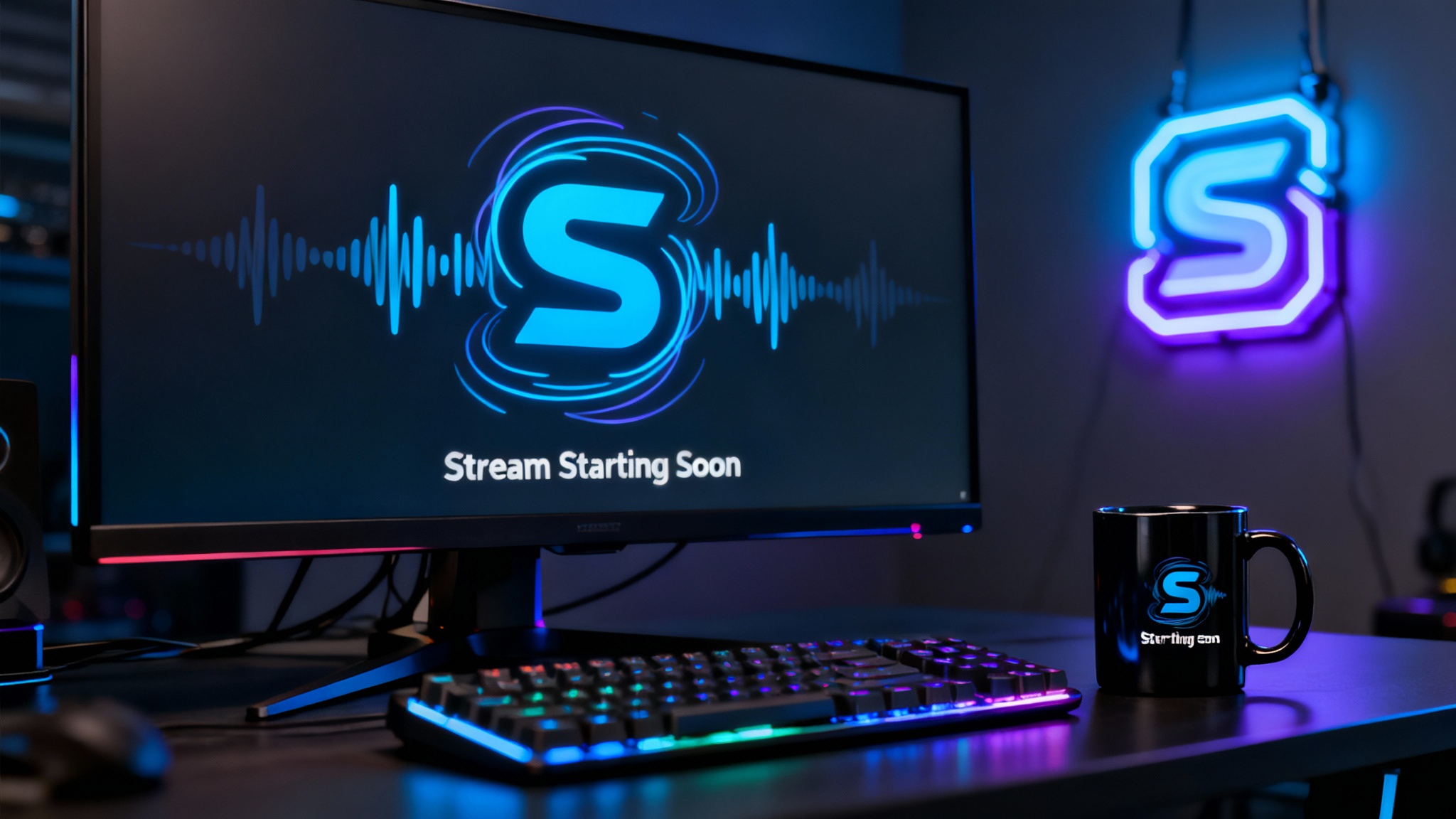 A professional streamer's desk setup in a dark room, showcasing a custom logo. The logo, a blue 's' with sound waves, is displayed as an overlay on a large monitor and printed on a black mug. The scene is illuminated by neon blue and purple RGB lights, creating a modern, professional atmosphere.