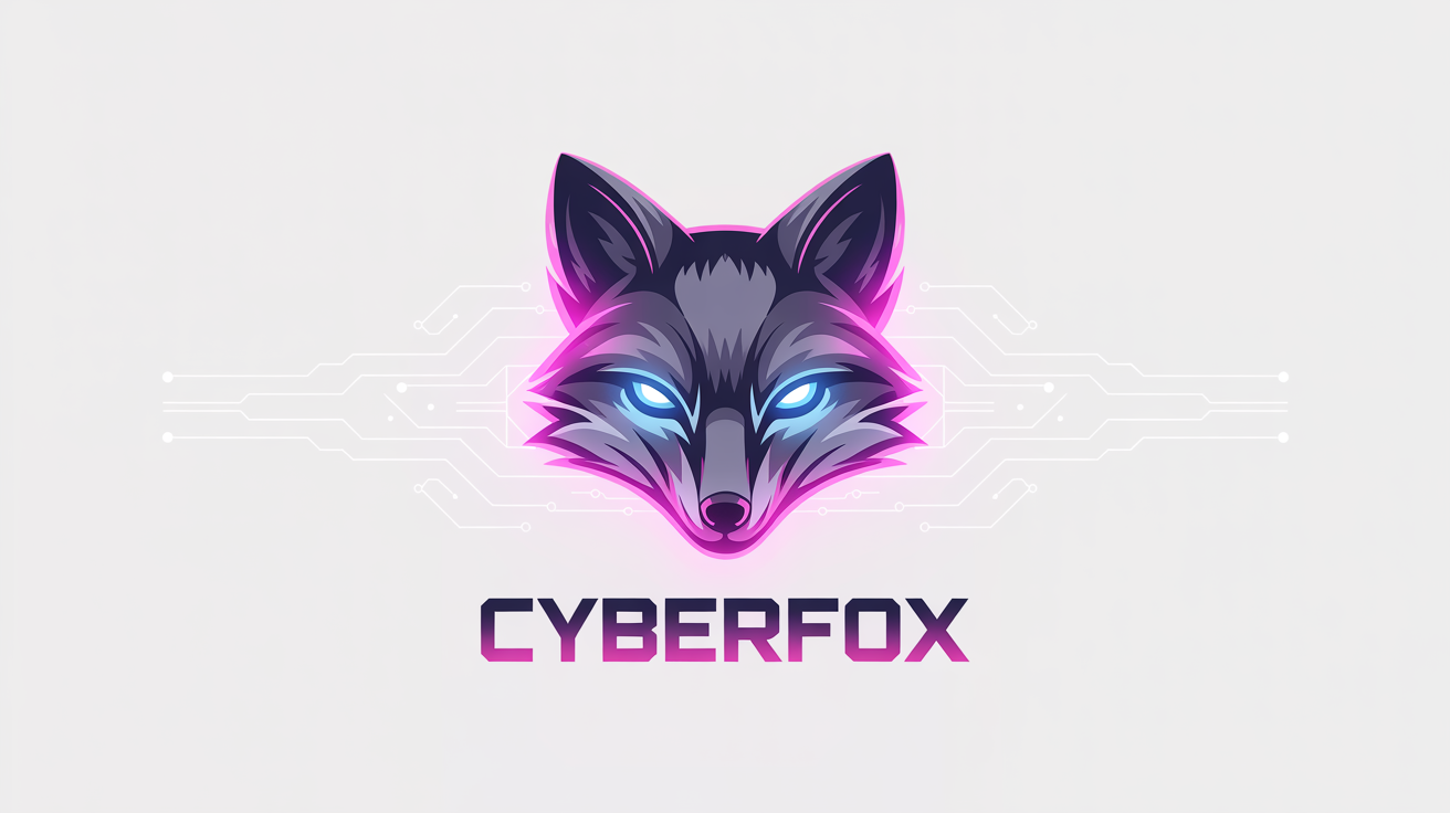 A modern mascot logo for a streamer named 'CYBERFOX', featuring a stylized, aggressive cybernetic fox head in metallic gray with glowing blue and magenta neon accents, on a clean white background.
