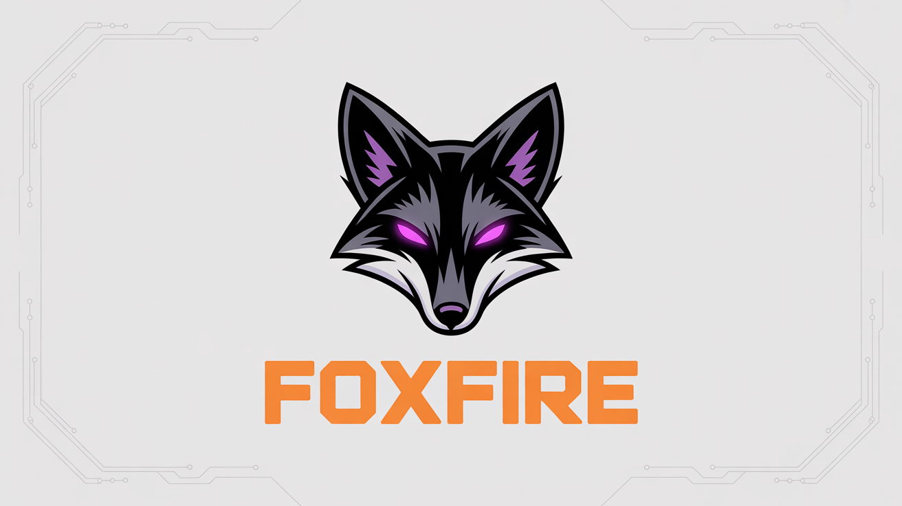 A modern streamer logo mockup featuring a stylized cyberpunk fox mascot in orange and purple, with the name 'F0XFIRE' underneath, all on a clean white background.
