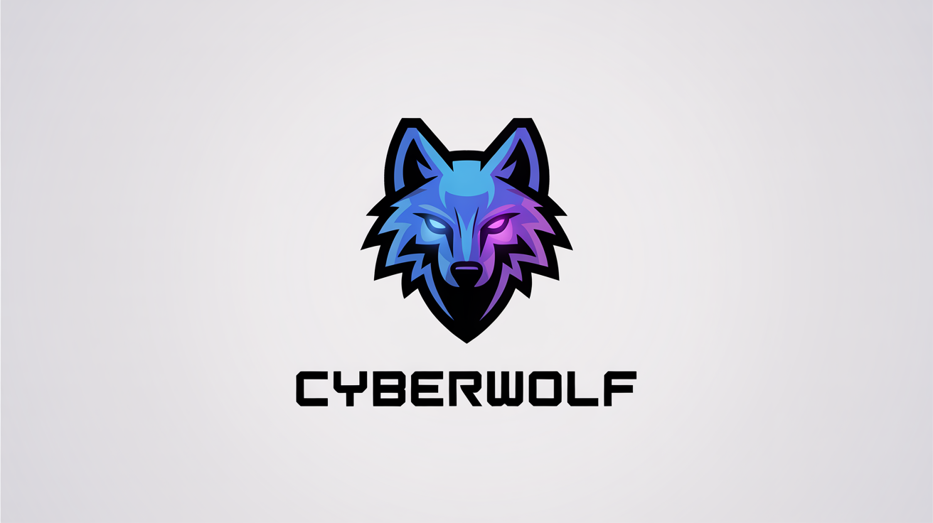 A modern esports logo for a fictional streamer named 'CYBERWOLF', featuring a stylized cybernetic wolf head in neon blue and purple on a clean white background.