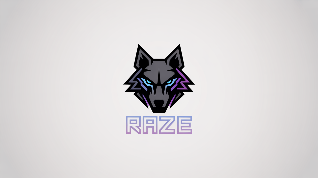 A modern esports logo for a streamer named 'RAZE', featuring a stylized cybernetic wolf head with glowing blue and purple accents, all on a clean white background.