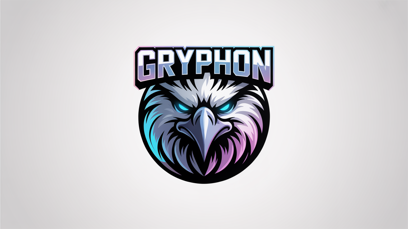 An esports-style logo for a streamer named 'GRYPHON', featuring a fierce, stylized griffin mascot with glowing blue eyes on a white background.