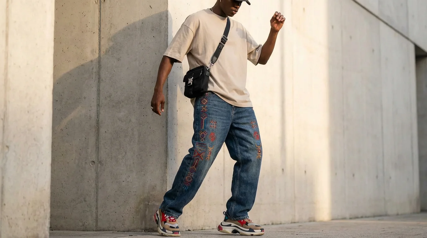 A full-body shot of a model wearing custom relaxed-fit streetwear jeans decorated with vibrant African-inspired patterns, paired with a t-shirt and sneakers in a modern urban setting.