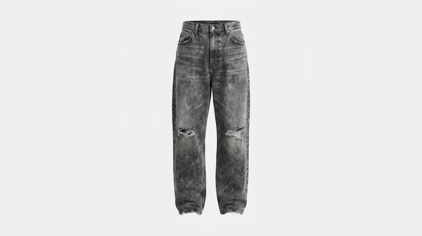 A ghost mannequin mockup of baggy streetwear jeans in a dark grey acid wash, featuring distressed details, on a clean white background.