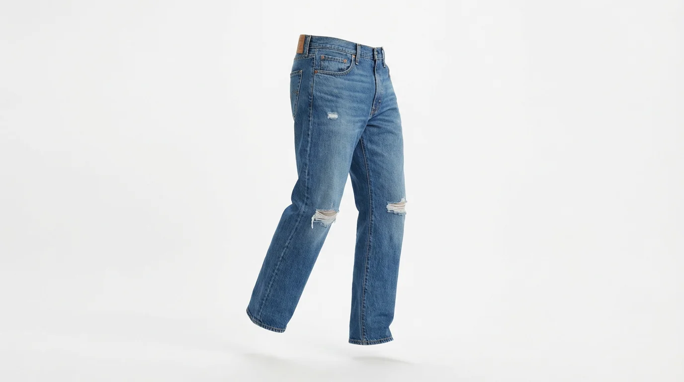 A photorealistic mockup of a pair of medium-wash blue streetwear jeans with ripped knees, displayed on a ghost mannequin against a plain white background.