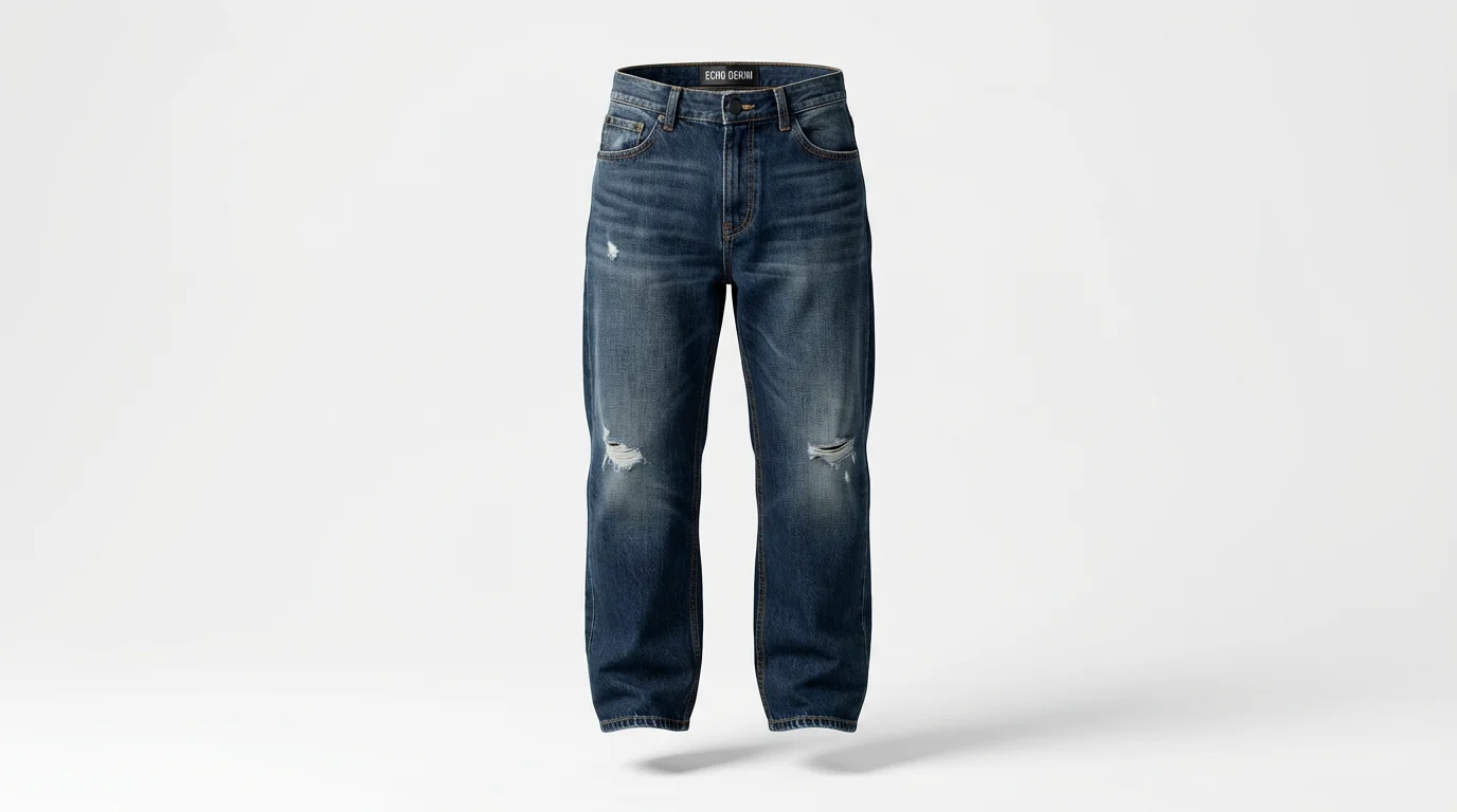 Men's dark wash, relaxed-fit streetwear jeans presented on a ghost mannequin against a plain white background, showing fabric texture and design details.