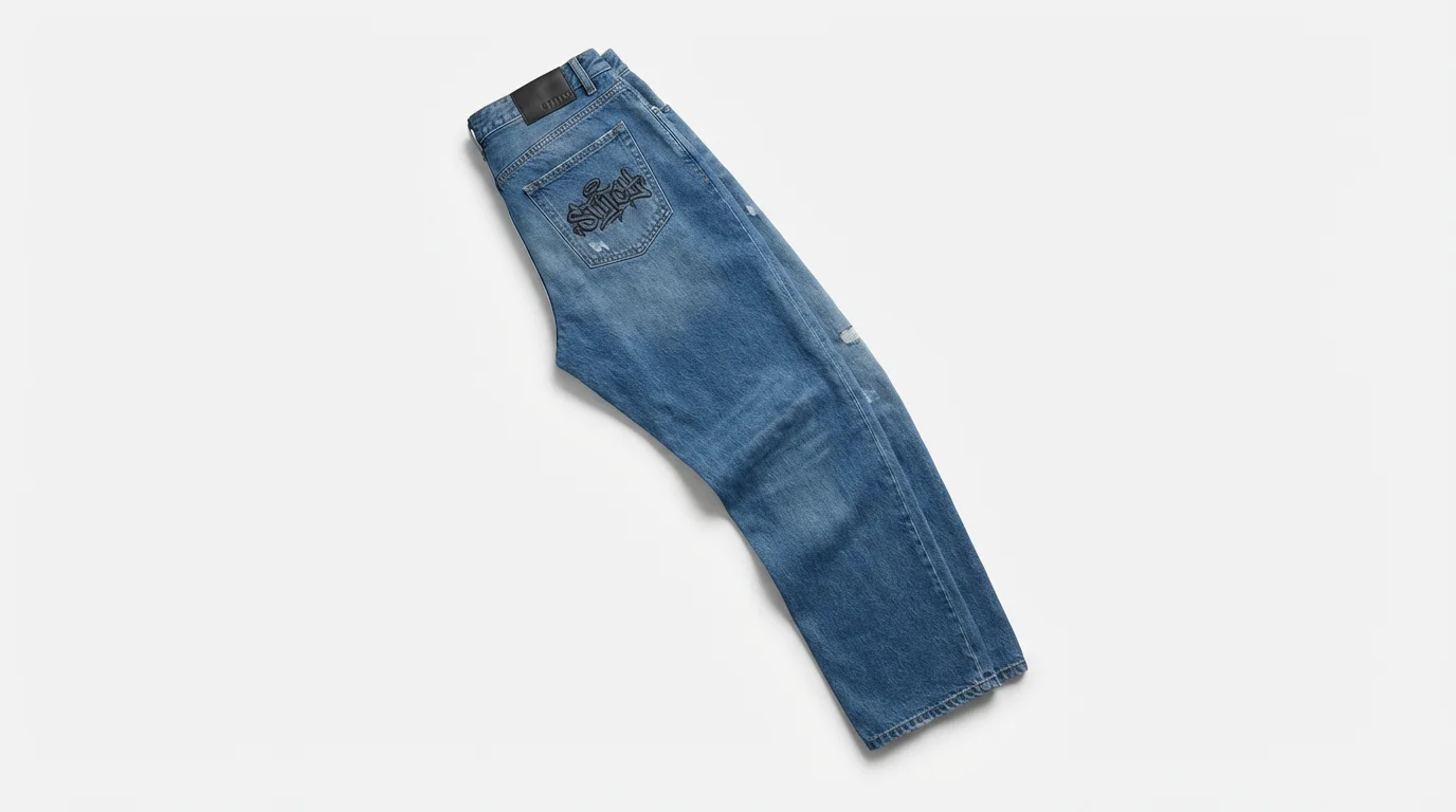 A flat lay product shot of a pair of relaxed-fit blue streetwear jeans on a white background, highlighting the quality denim texture and a custom embroidered patch on the back pocket.