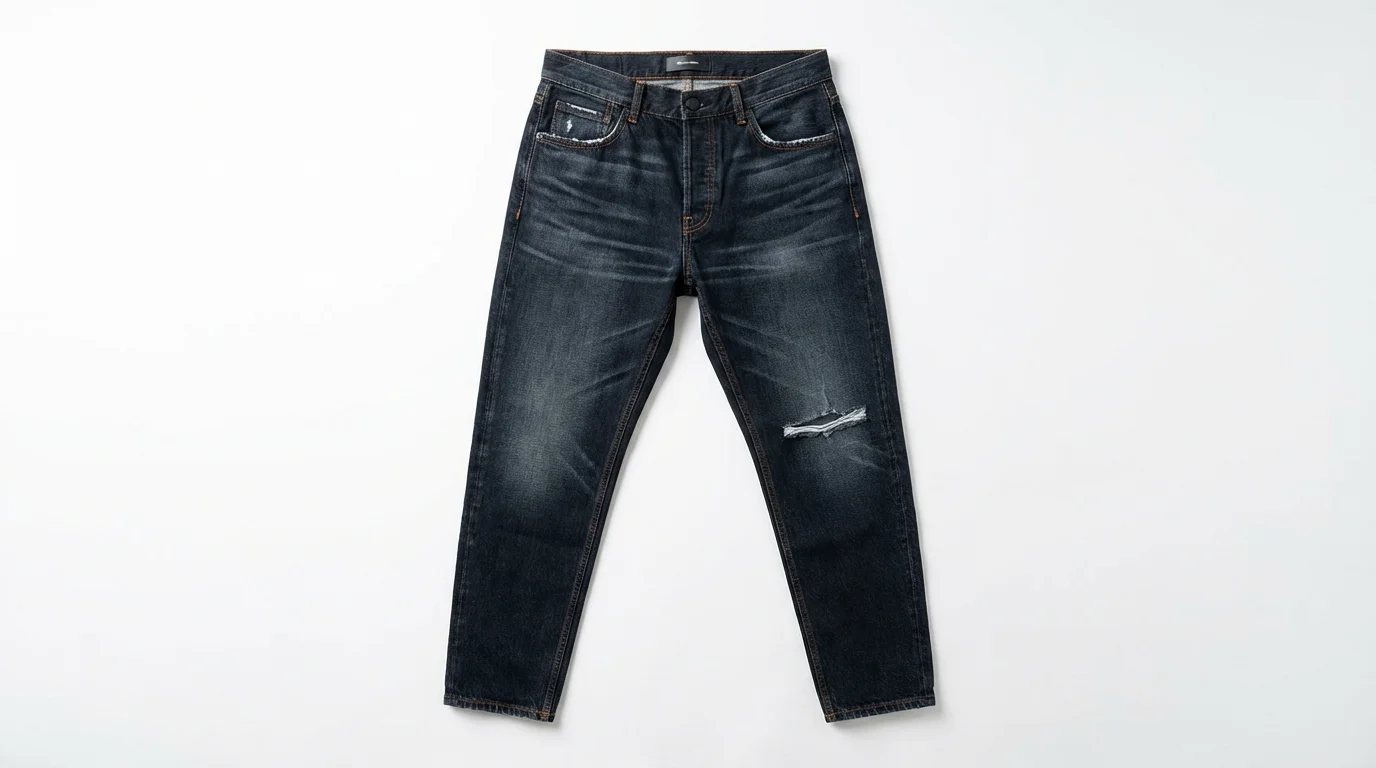 A flat lay product photograph of a pair of dark wash streetwear jeans with a ripped knee and copper stitching, neatly arranged on a plain white background.