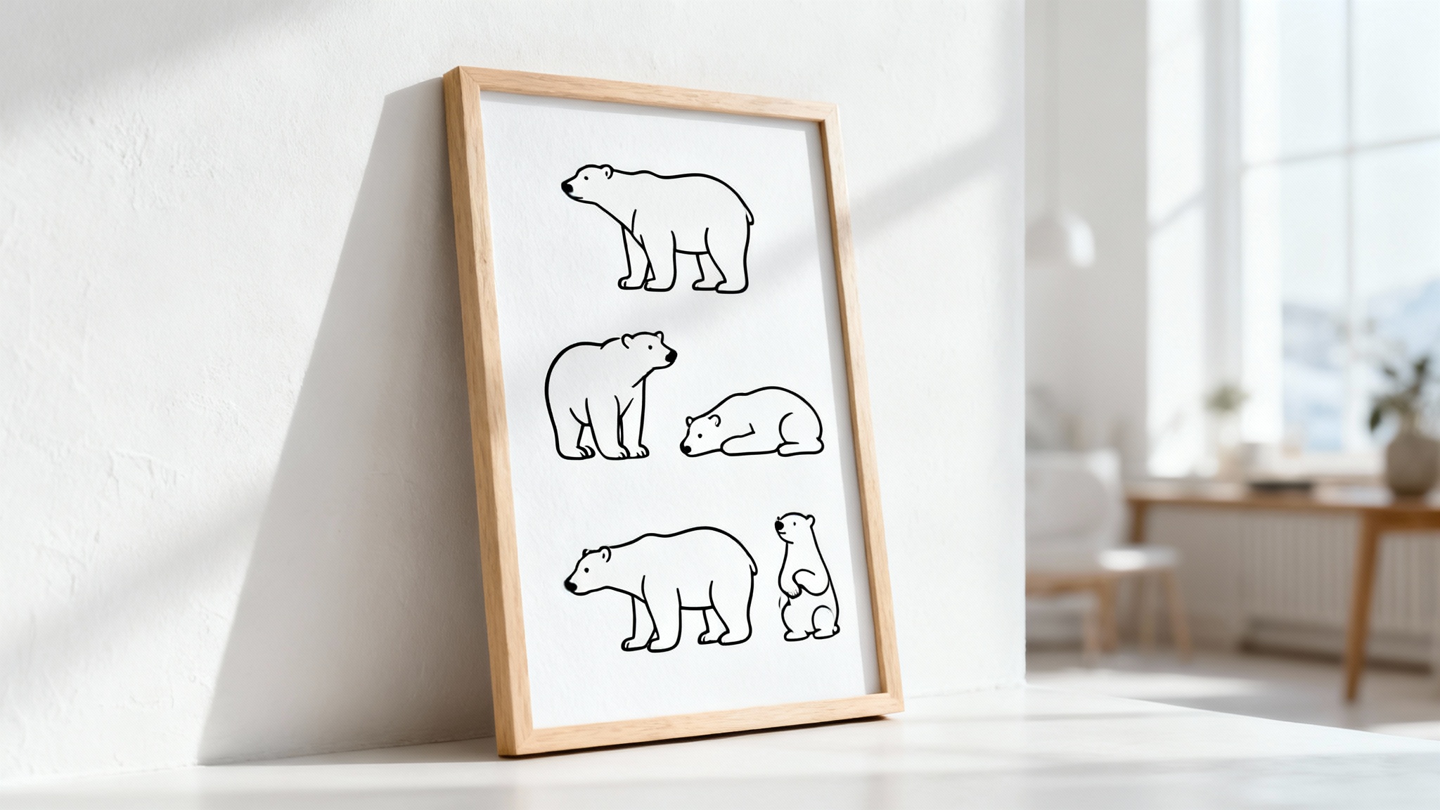 A final, framed art print of minimalist polar bear line illustrations, shown as a finished home decor product in a clean, modern setting.