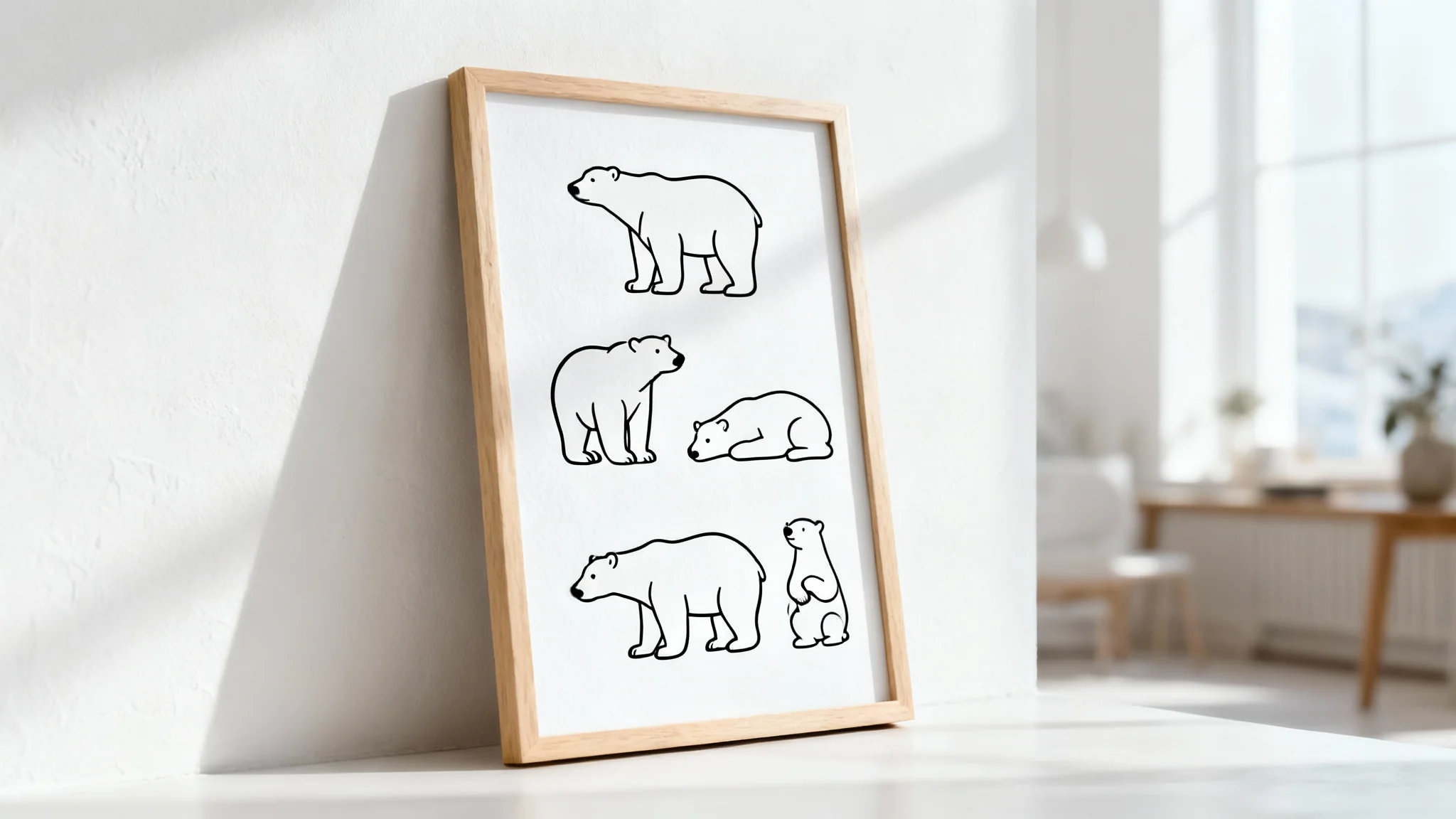 A final, framed art print of minimalist polar bear line illustrations, shown as a finished home decor product in a clean, modern setting.