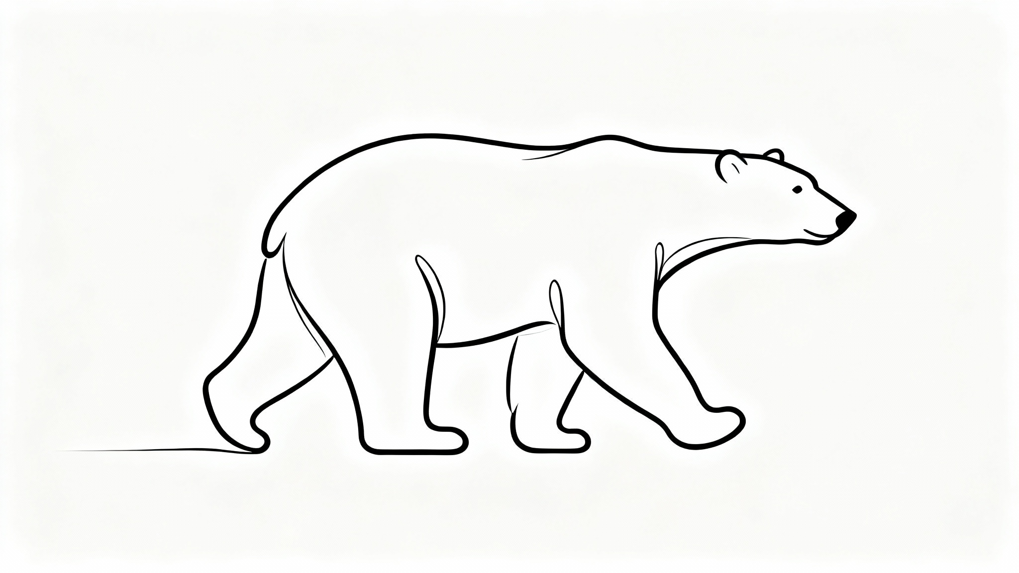 A minimalist black line art drawing of a polar bear on a stark white background. The entire bear is drawn with a single, clean line, showcasing its form in a modern, elegant style.