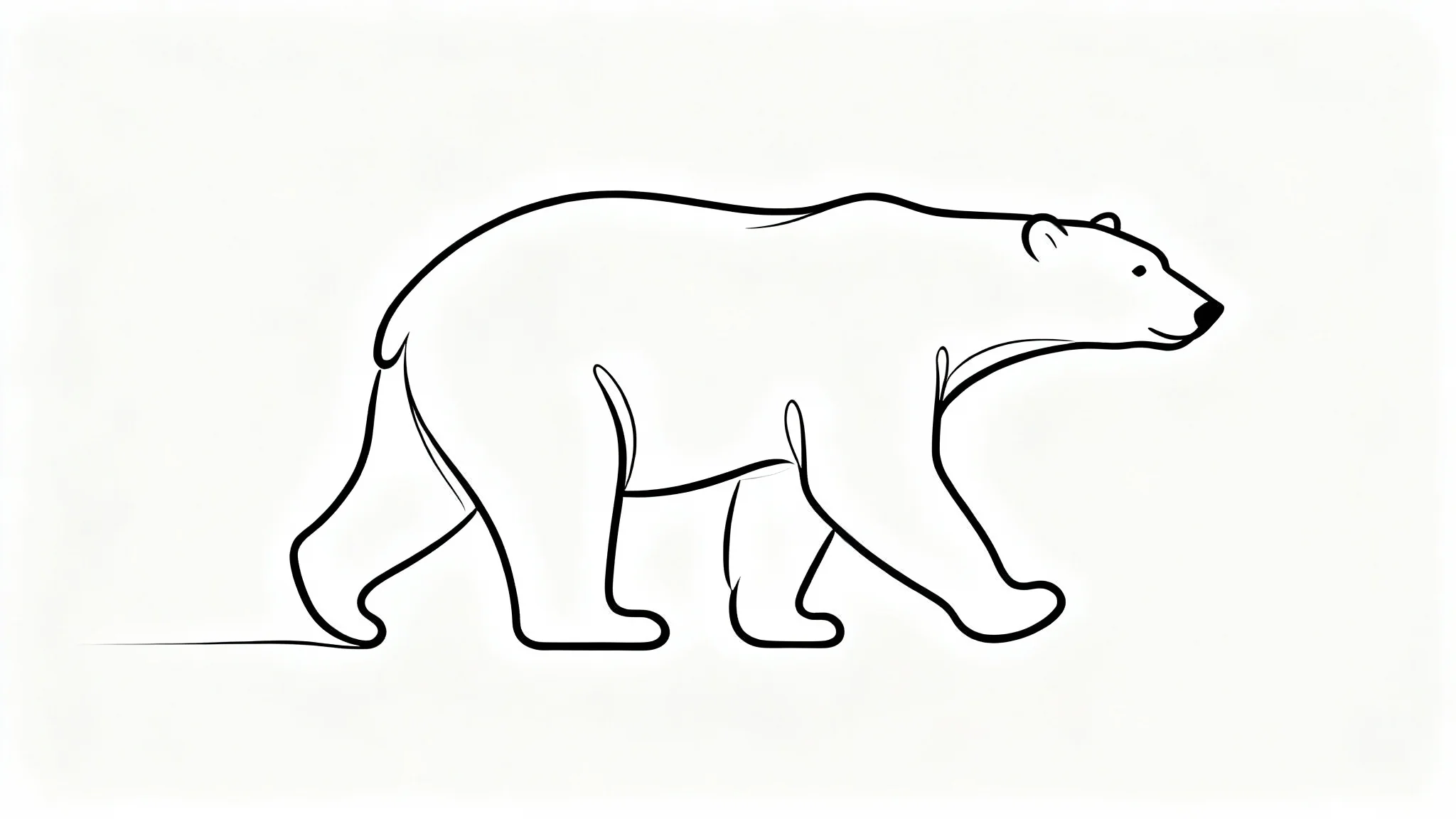 A minimalist black line art drawing of a polar bear on a stark white background. The entire bear is drawn with a single, clean line, showcasing its form in a modern, elegant style.