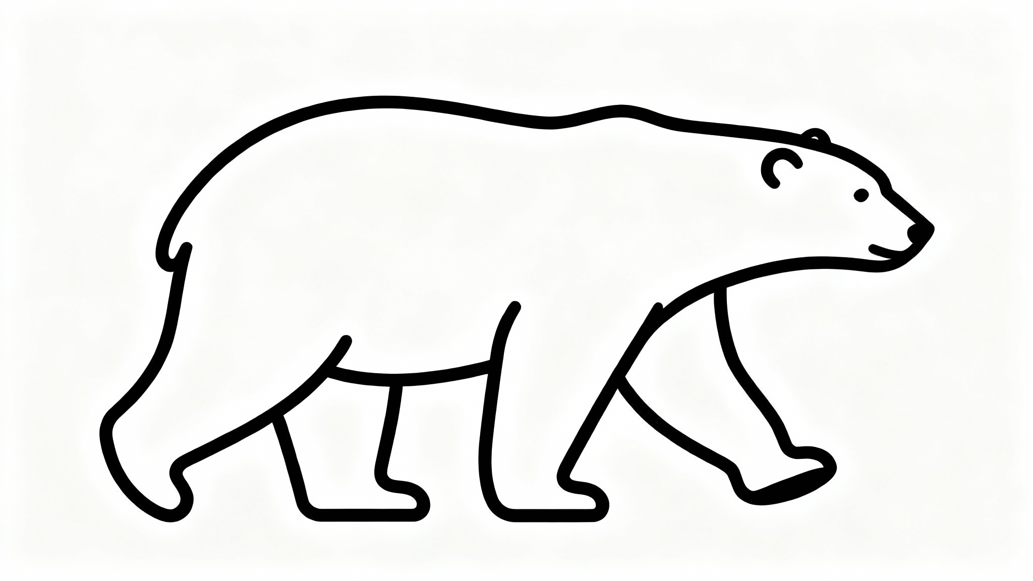 A minimalist black and white line art illustration of a polar bear walking, shown in side profile on a clean white background.