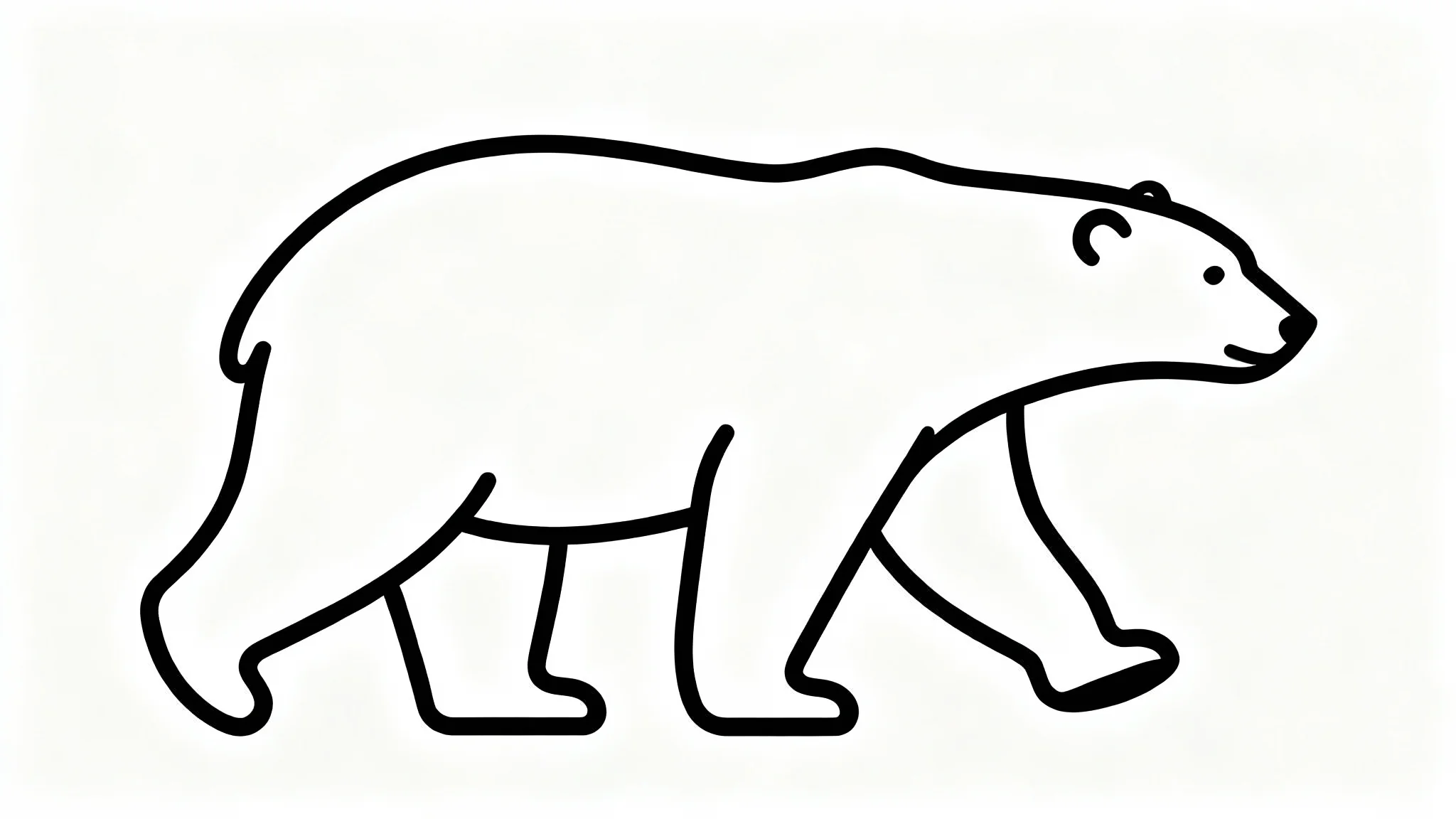 A minimalist black and white line art illustration of a polar bear walking, shown in side profile on a clean white background.