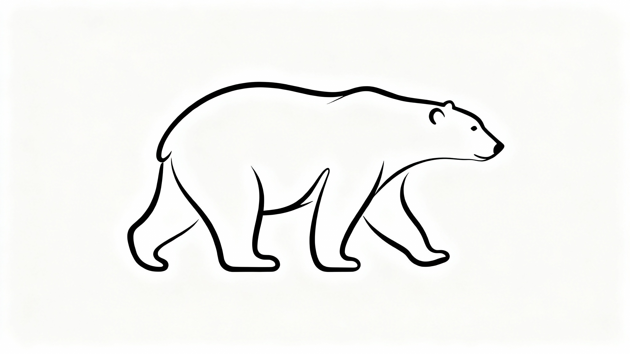 A minimalist black line art drawing of a polar bear on a solid white background. The bear is drawn in a single continuous line, capturing its walking motion elegantly.