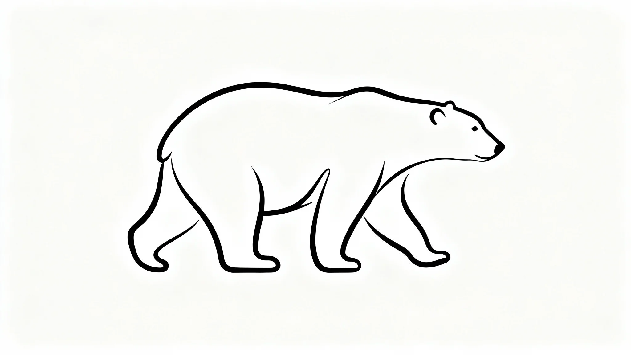 A minimalist black line art drawing of a polar bear on a solid white background. The bear is drawn in a single continuous line, capturing its walking motion elegantly.