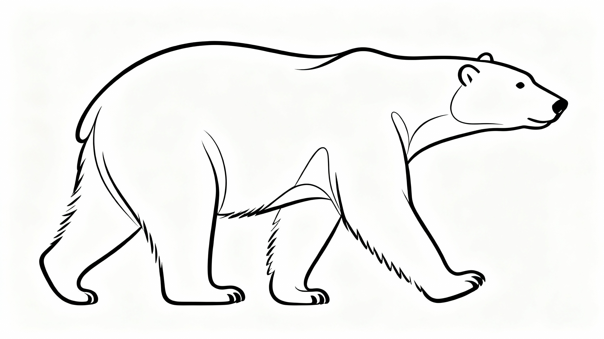 A minimalist black and white line art illustration of a polar bear walking, created with a single continuous line on a plain white background.