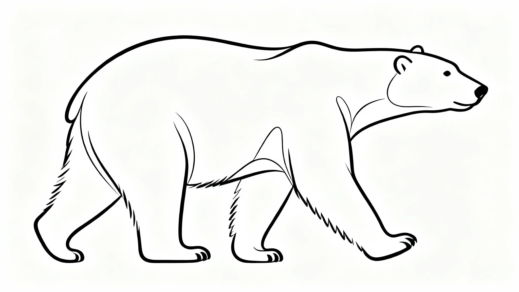 A minimalist black and white line art illustration of a polar bear walking, created with a single continuous line on a plain white background.