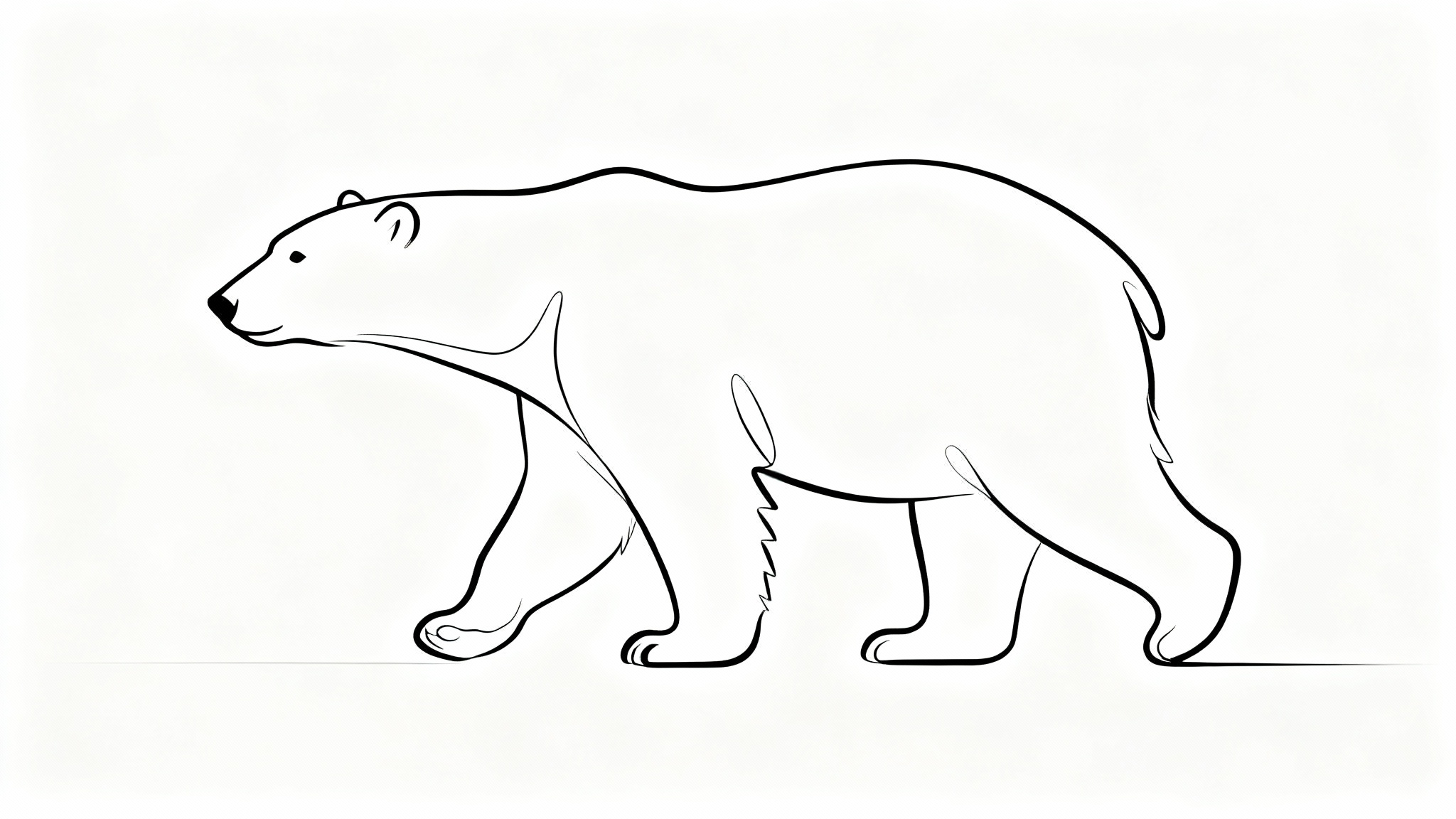 A simple black and white line art illustration of a polar bear walking, created with a single continuous line on a plain white background.