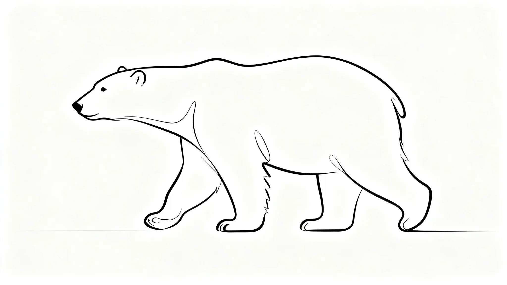 A simple black and white line art illustration of a polar bear walking, created with a single continuous line on a plain white background.