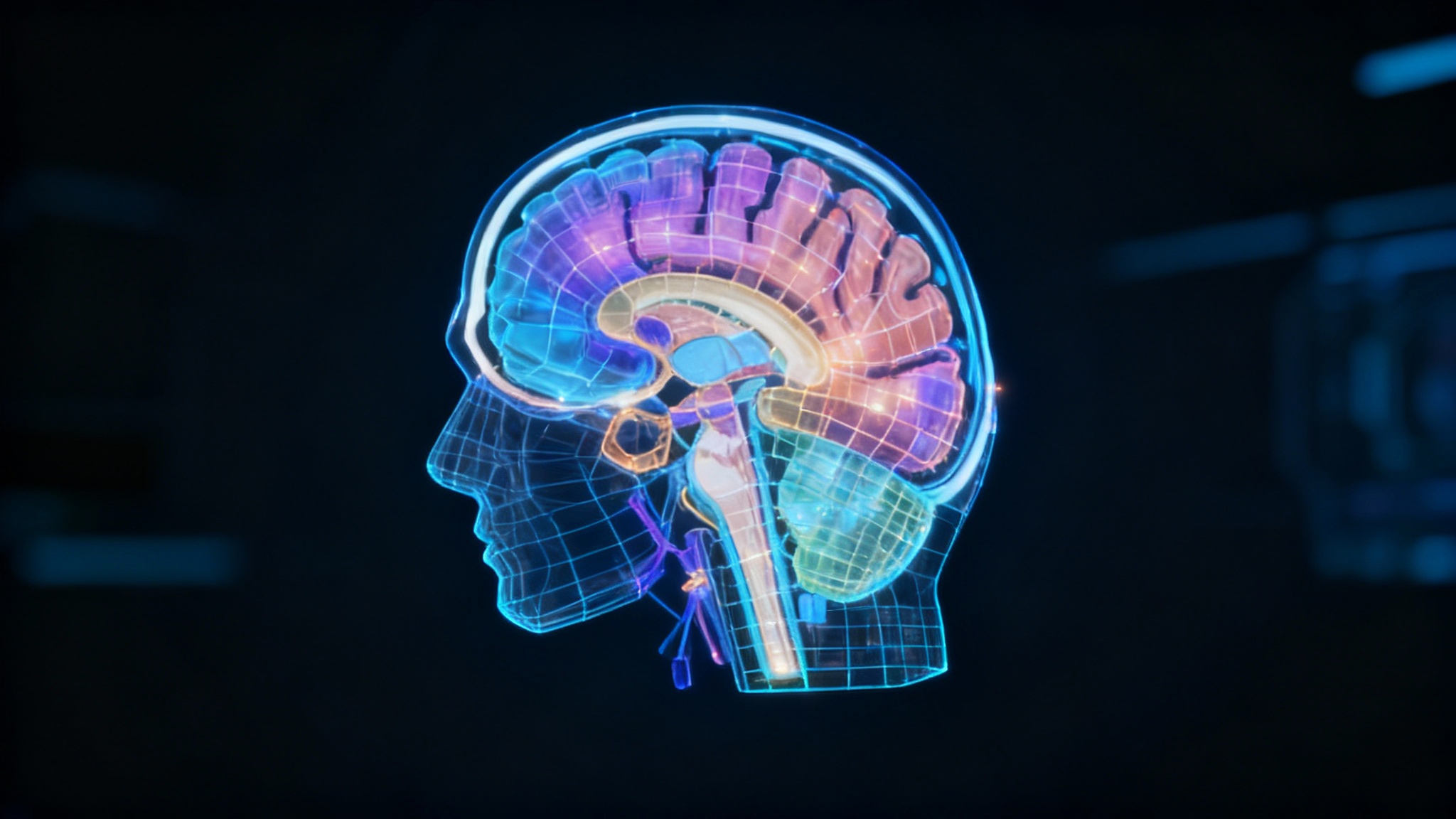 A highly detailed, glowing 3D model of a human brain, created from MRI scans, floating against a dark, high-tech background, demonstrating advanced medical imaging reconstruction.