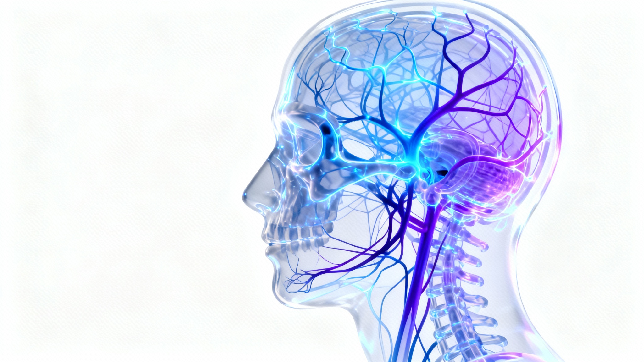 A detailed 3D digital model of a human brain, glowing with blue and purple light, isolated against a plain white background, representing an MRI 3D reconstruction.